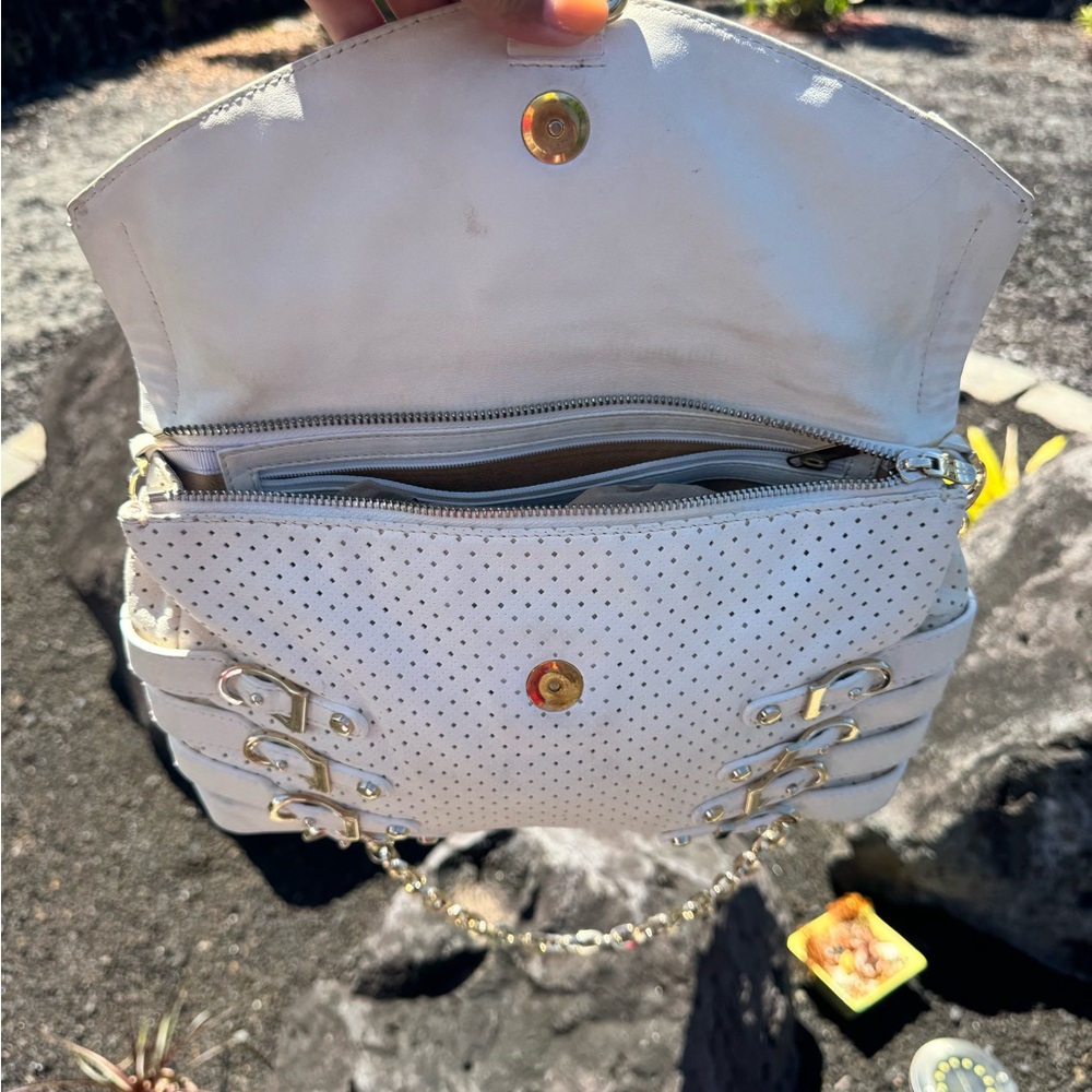 Jimmy Choo Egg Shell White Leather Perforated Shoulder Bag with Buckle Detail - Picture 14 of 17